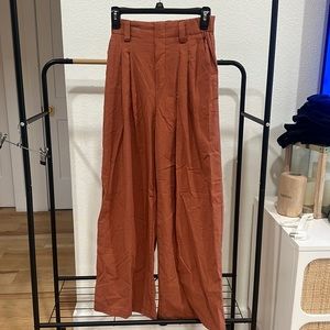 High Waisted Plicated Side Pocket Wide Leg Flowy Palazzo Pants Rust Red/XS